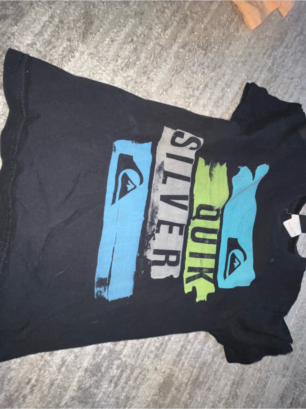 Quiksilver Black Tee with Blue and Green Graphic Stripes